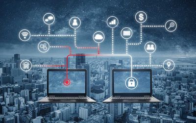 Two laptops securely connected to a network of interconnected systems thanks to APIs