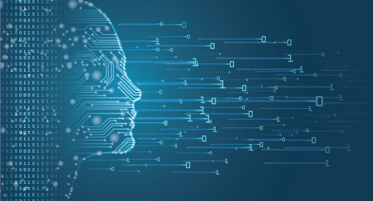 Machine Learning and artificial intelligence represented in the form of a women head facing a data flow.